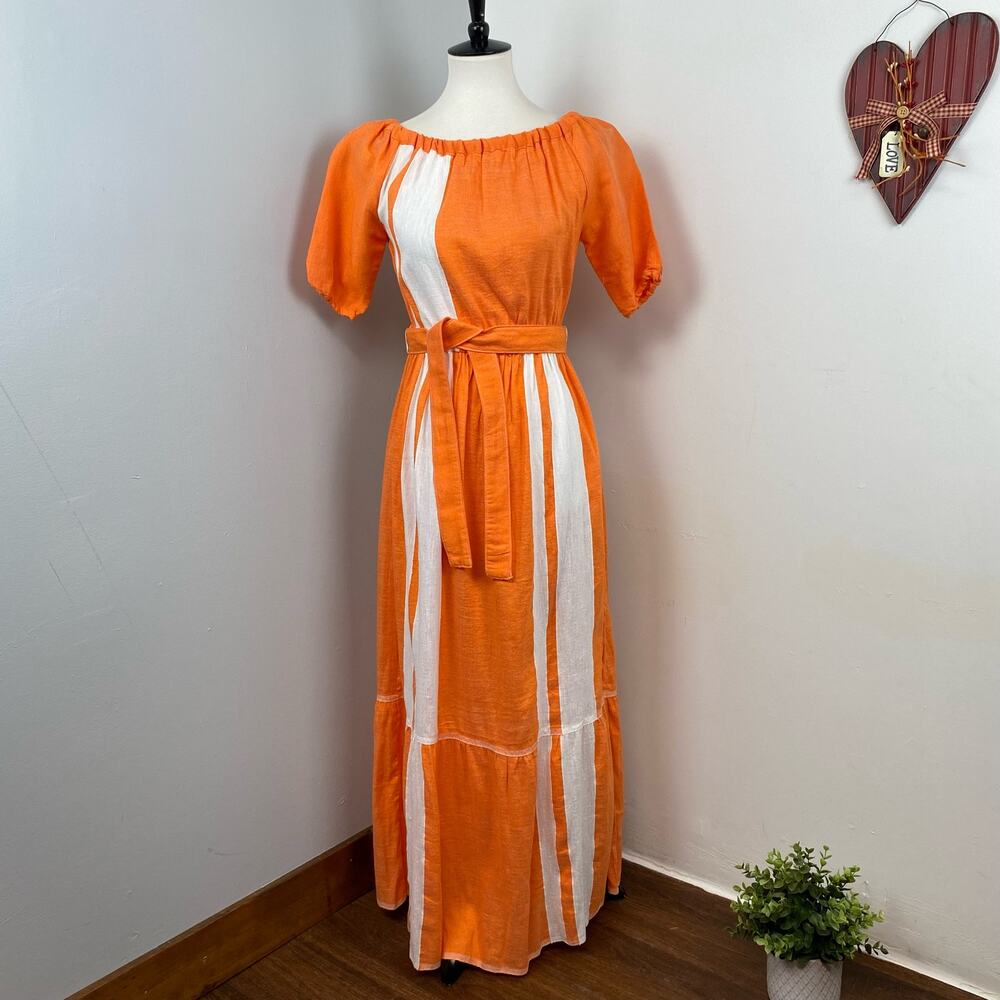 LemLem Hand Crafted Zoya Orange Stripe Maxi Short Sleeve Beach Dress Small NEW
